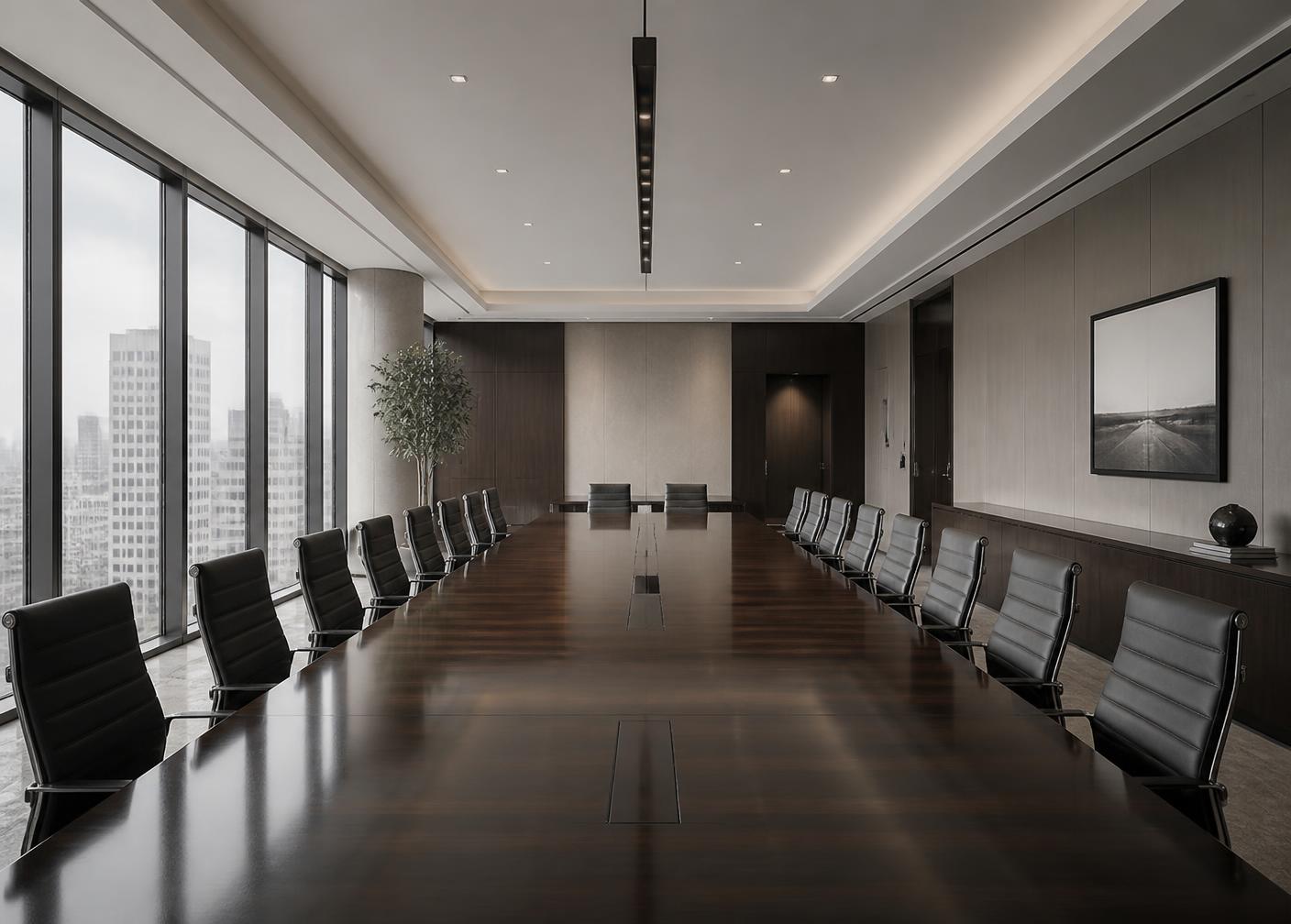 Empty boardroom with a long table and city view through floor-to-ceiling windows